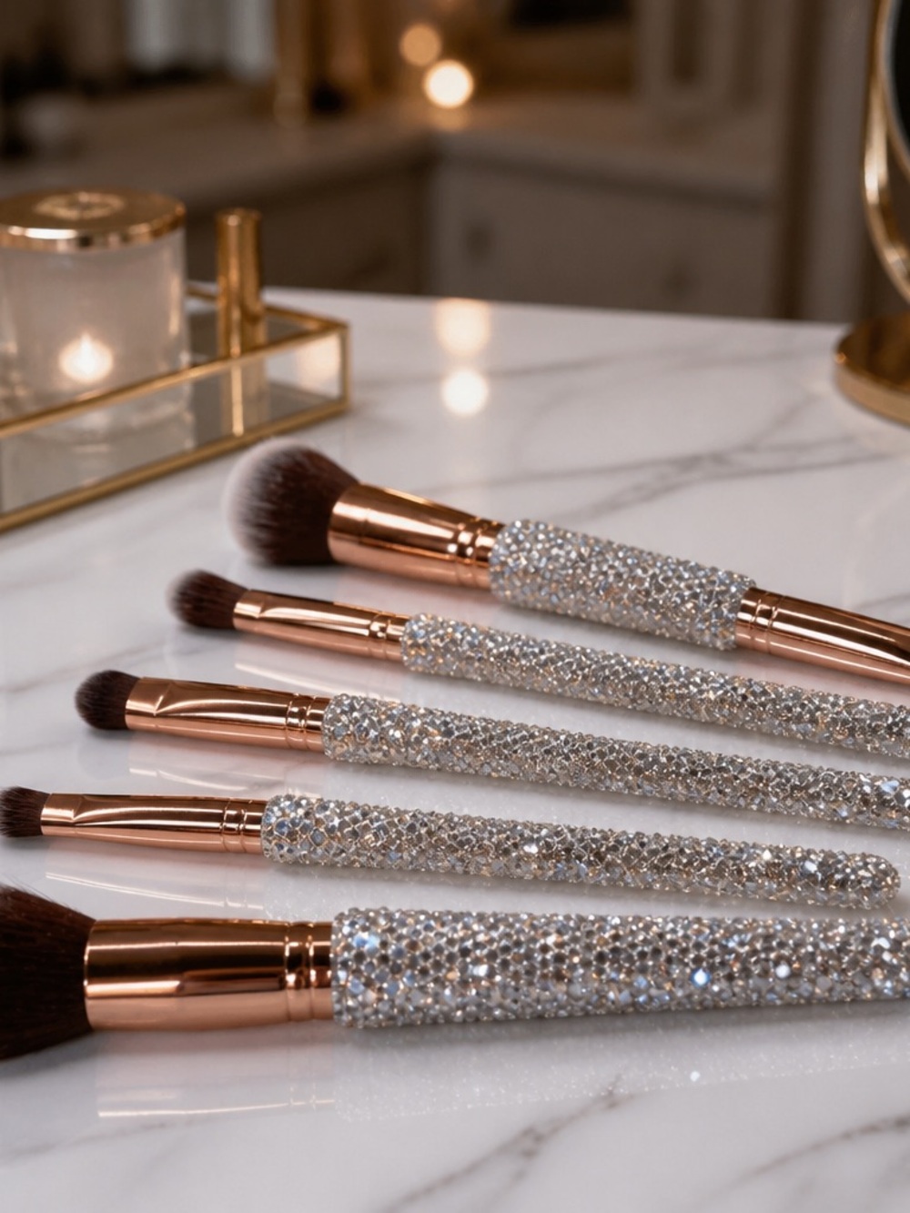 Crystal Handle Makeup Brush Set - Rose Gold Ferrules, Silver Sparkle Handles